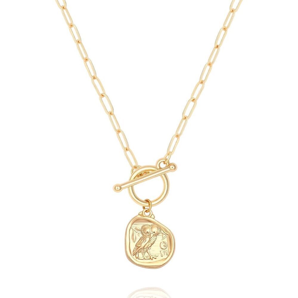 Gold Plated Owl Coin Pendant Necklace 18 Inch Toggle Chain Women Jewelry